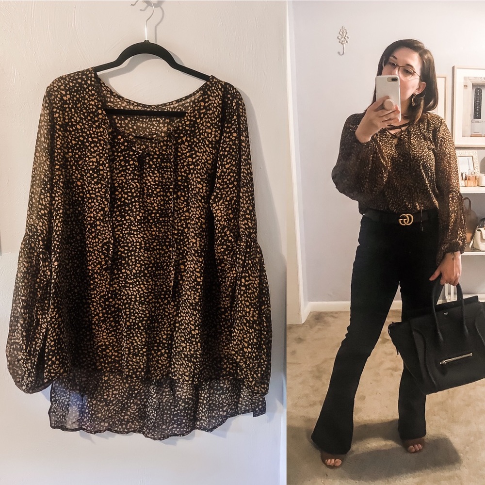Black/brown print balloon sleeve blouse